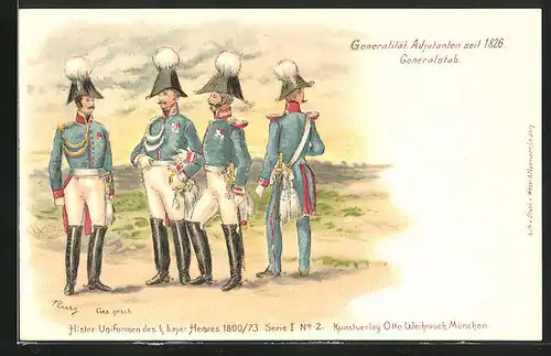 Lithographie Regiment, Generalität Adjutanten, Generalstab, Soldatenin historischen Uniformen des k. bayr. Heeres