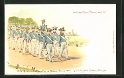 Lithographie Regiment Kadetten-Corps, Soldaten in historischen Uniformen des k. bayr. Heeres