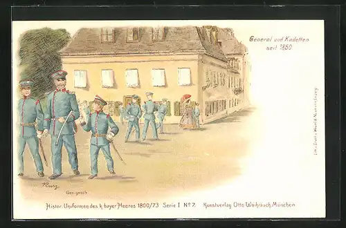 Lithographie Regiment, General und Kadetten, historische Uniformen des k. bayr. Heeres