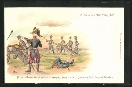 Lithographie Artillerie Regiment, historische Uniformen des k. bayr. Heeres 1800 /73