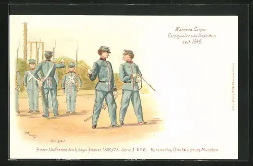 Lithographie Kadetten-Corps, Corpsjunker und Kadetten, historische Uniformen des k. bayr. Heeres