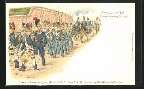 Lithographie Artillerie Regiment, Linien-Batterie, historische Uniformen des k. bayr. Heeres