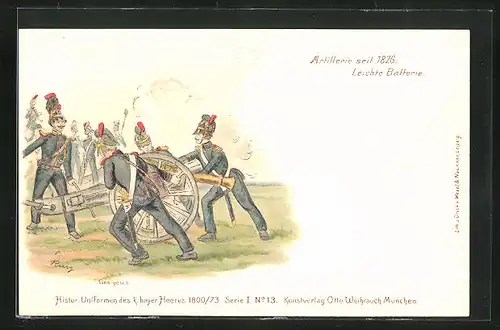 Lithographie Artillerie Regiment, eine Leichte Batterie im Gefecht, historische Uniformen des k. bayr. Heeres