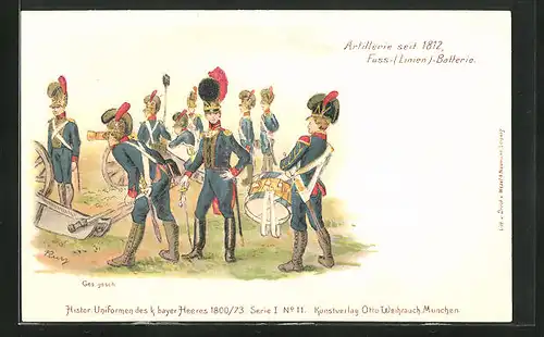 Lithographie Artillerie Regiment, eine Fuss-Batterie mit Pflug, historische Uniformen des k. bayr. Heeres
