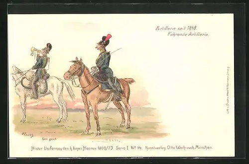 Lithographie Artillerie Regiment, Kavalleristen im Gefecht, historische Uniformen des k. bayr. Heeres