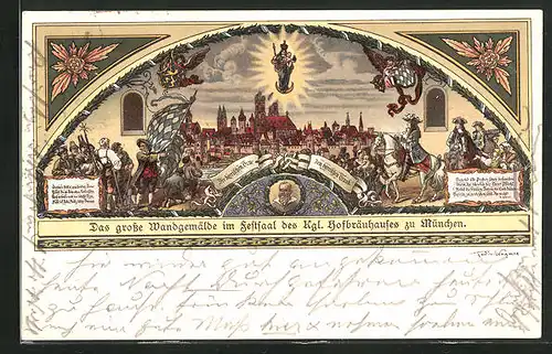 Lithographie München, das grosse Wandgemälde im Festsaal des kgl. Hofbräuhauses