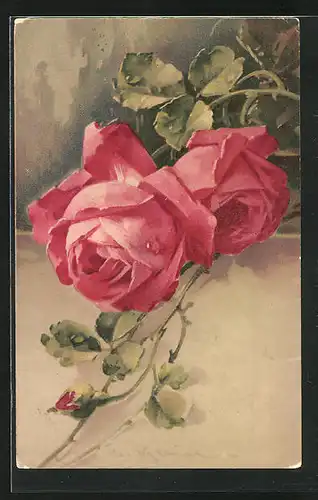 Künstler-AK Catharina Klein: zwei Rosen in voller Blüte