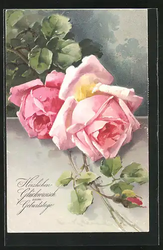 Künstler-AK Catharina Klein: Geburtstagsgrüsse mit zwei Rosenblüten
