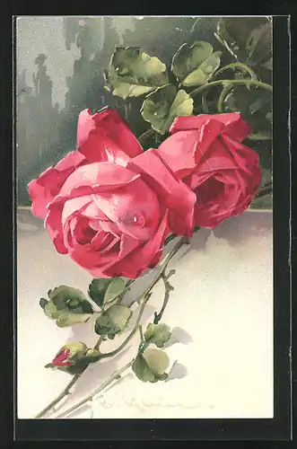 Künstler-AK Catharina Klein: zwei rote Rosenblüten