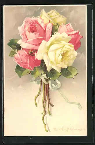 Künstler-AK Catharina Klein: Strauss Rosen mit weissen und Rosa farbenen Blüten