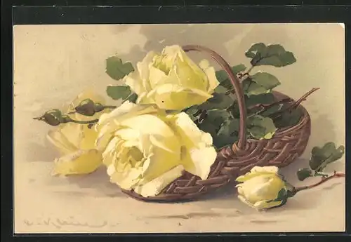 Künstler-AK Catharina Klein: ein Korb voller gelber Rosenblüten