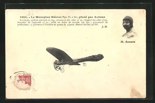 AK Flugzeug und Pilotenportrait, Le Monoplan Bleriot, Pilote par Aubrun