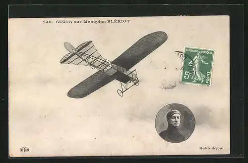 AK Flugzeug und Pilotenportrait, Simon sur Monoplan Bleriot