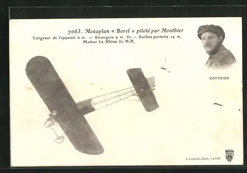 AK Flugzeug und Pilotenportrait, Monoplan Borel, Pilote par Mouthier