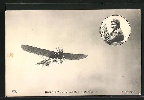 AK Flugzeug im Flug und Pilotenportrait, Hanriot sur Monoplan Hanriot