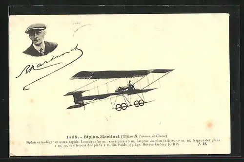 AK Flugzeug im Flug und Pilotenportrait, Biplan Martinet