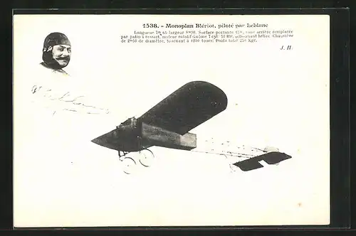 AK Flugzeug und Pilotenportrait, Monoplan Bleriot, pilote par Leblanc