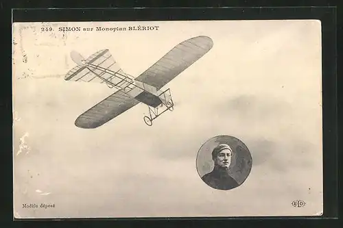 AK Flugzeug in der Luft und Pilotenportrait, Simon sur Monoplan Bleriot