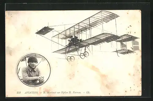 AK Flugzeug und Pilotenportrait, Aviation R. Martinet sur Biplan H. Farman