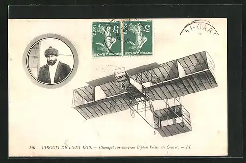 AK Circuit de L`Est, Champel sur nouveau Biplan Voisin de Course, ein Flugzeugin der Luft