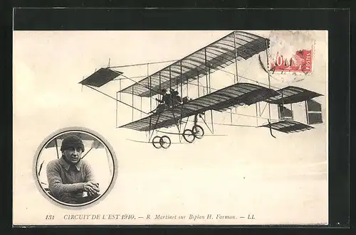 AK Circuit de L`Est 1910, R. Martinet sur Biplan H. Farman, das Flugzeug in der Luft