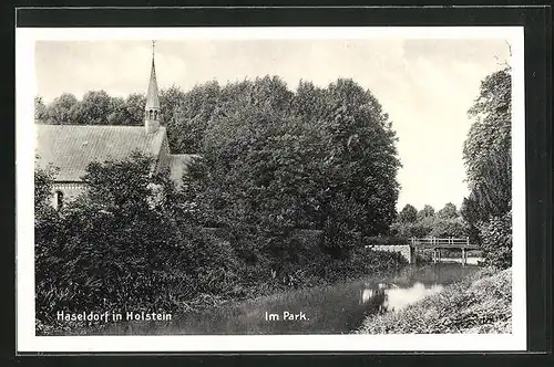 AK Haseldorf i. Holst., Parkpartie mit Kirchturm