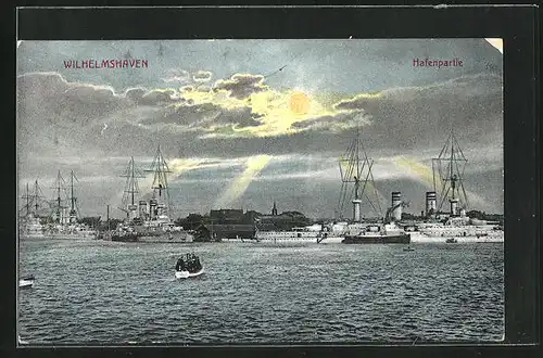 AK Wilhelmshaven, Hafenpartie bei Wolken und Sonnenschein
