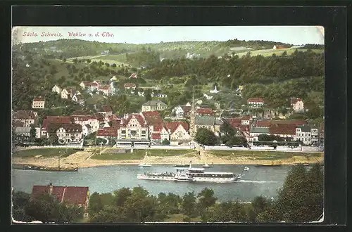 AK Wehlen / Elbe, Panorama mit Dampfer