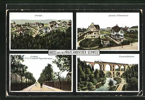 AK Jocketa /Vogtl. Schweiz, Totalansicht, Prinz Friedrich Auguststrasse, Elstertalbrücke, Villenkolonie