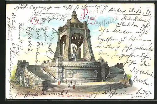 Lithographie Porta-Westfalica, Kaiser Wilhelm Denkmal