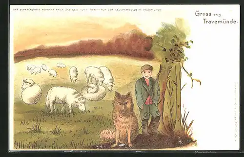 Lithographie Travemünde, Der Schäferjunge Hermann Falck und sein Hund Greif auf dem Leuchtenfelde