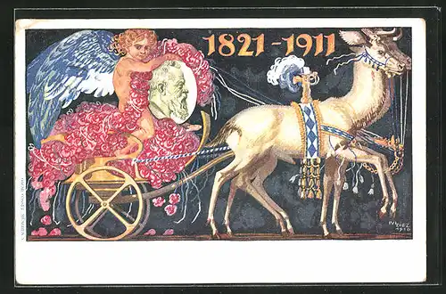 Künstler-AK Engel mit Bildnis Prinzregent Luitpold auf einem Wagen
