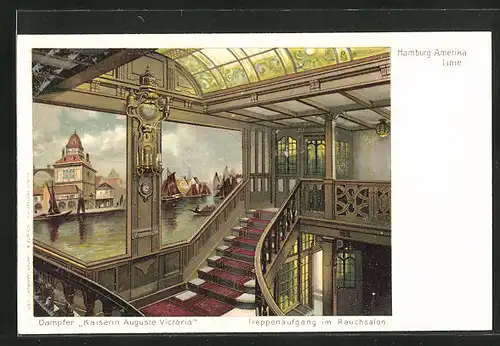 Künstler-AK Passagierschiff Kaiserin Auguste Victoria der Hamburg-Amerika-Linie, Treppenaufgang im Rauchsalon