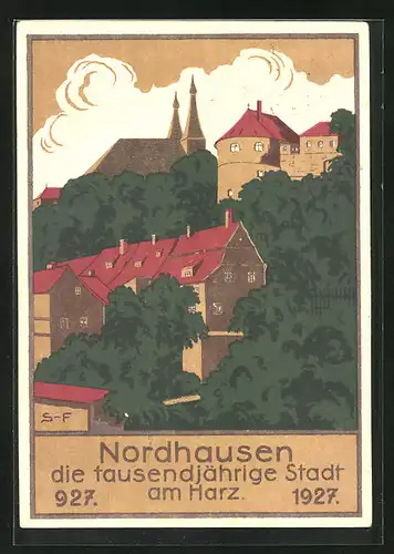 Künstler-AK Nordhausen, Ganzsache PP101C6 /01, Teilansicht der tausendjährigen Stadt 1927