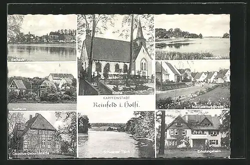 AK Reinfeld, Ortsansichten mit Erholungs- und Kurheim, Kirche und Herrenteich