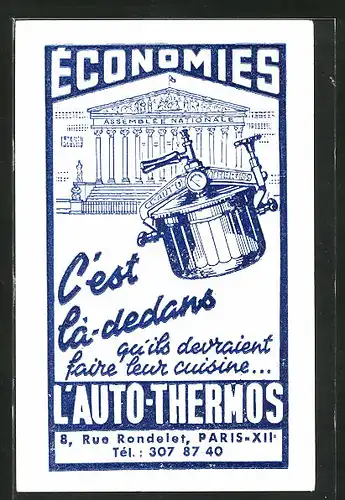 Künstler-AK Paris, L`Auto-Thermos, 8, Rue Rondelet, Économies, Reklame für Kochtopf