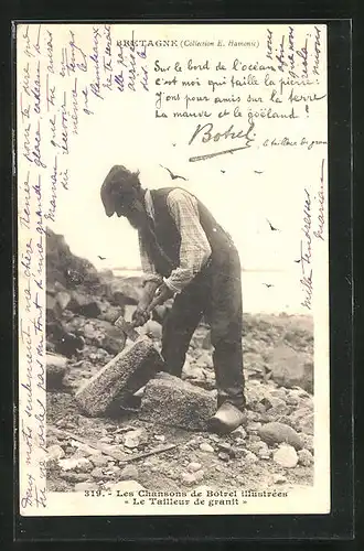 AK Bretagne, Les Chansons de Botrel illustrées, Le Tailleur de granit, Arbeiter im Steinbruch