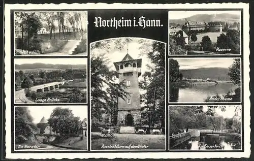 AK Northeim i. Hann., Weihestätte, Lange Brücke, Harztor, Kaserne, Feuerteich, Rhume