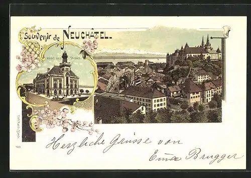 Lithographie Neuchâtel, Hotel des Postes, Ortsansicht aus der Vogelschau