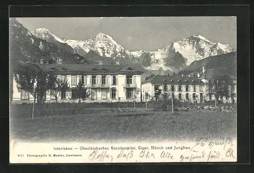 AK Interlaken, Oberländisches Bezirksspital, Eiger, Mönch und Jungfrau