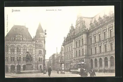 AK Bremen, Domshaide mit Post und Strassenbahn