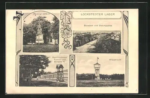 AK Lockstedter Lager, Baracken und Übungsplatz, Denkmal 1870 /71, Kommandantur, Baracke 41, Wasserturm