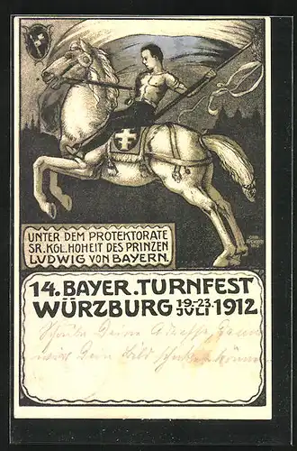 AK Würzburg, 14. bayer. Turnfest 1912, Reiter mit Fahne
