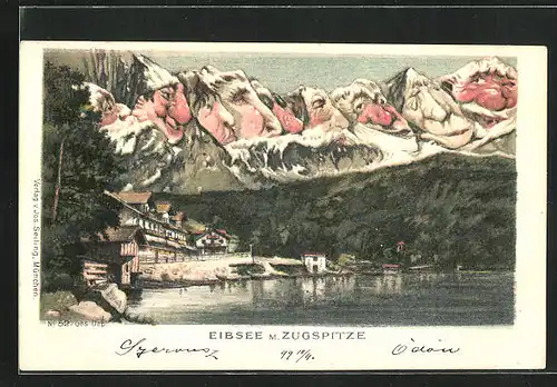 Künstler-AK Seiling Nr. 52, Eibsee mit Zugspitze, Berge mit lustigen Gesichtern, Berggesichter