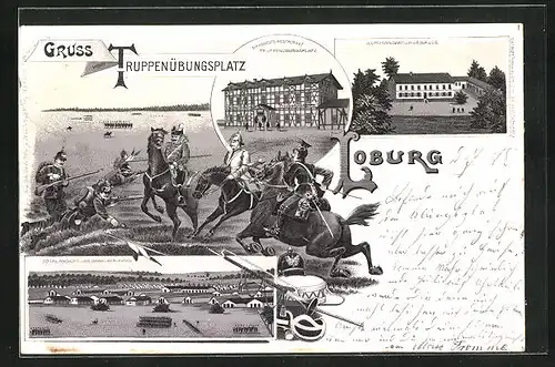 Lithographie Loburg, Bahnhofs-Restaurant Truppenübungsplatz, Totalansicht