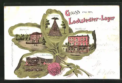 Passepartout-Lithographie Lockstedter Lager, Hotel Kaiserhof, Hauptwache, Bismarck-Denkmal, Kleeblatt