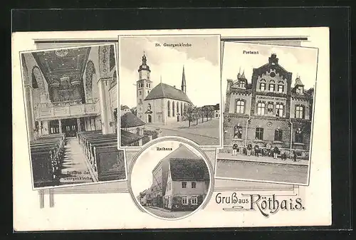 AK Rötha i. S., Postamt, St. Georgenkirche, Rathaus