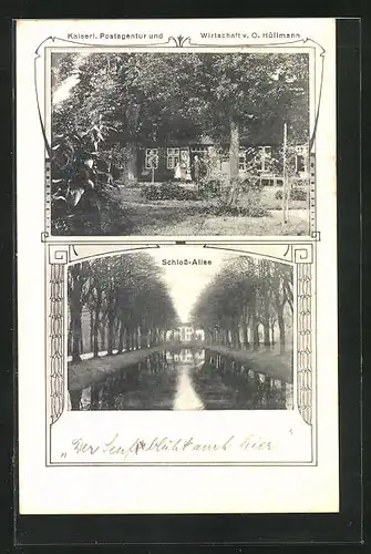 AK Seestermühle, Kaiserl. Postagentur mit Gasthaus v. O. Hüllmann, Schloss-Allee