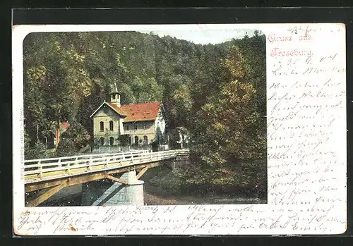 AK Treseburg, Blick auf Brücke und Kirche