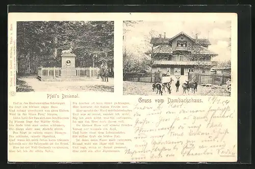 AK Thale-Treseburg / Harz, Pfeil`s Denkmal, Gedicht, Hirsche vor dem Dambachhaus